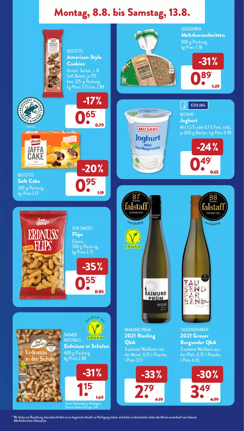 Aktueller Prospekt AldiSud - NÄCHSTE WOCHE - von 08.08 bis 13.08.2022 - strona 9 - produkty: alle artikel ohne dekoration, asti, auer, Becher, biscotto, burgunder, cookie, cookies, dekoration, eis, erdnüsse, flasche, grauer burgunder, joghur, joghurt, korn, natur, natura, reis, riesling, Schal, Schale, schnitten, snack, snacks, Sun Snacks, Ti, wein, Weißwein, ZTE