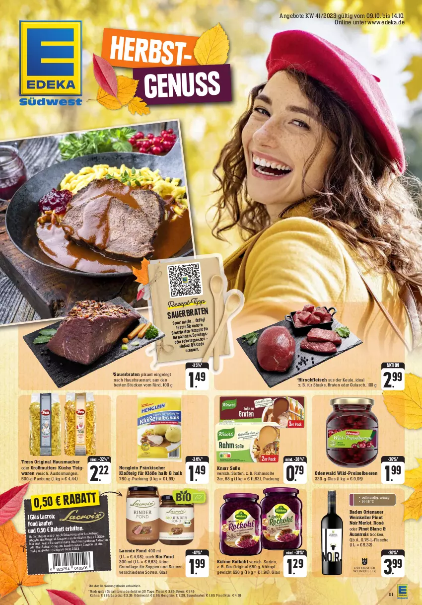 Aktueller Prospekt Edeka - Angebote der Woche - von 09.10 bis 14.10.2023 - strona 1 - produkty: angebot, angebote, auer, Bad, beere, beeren, bio, braten, coupon, deka, eis, elle, flasche, fleisch, gin, gulasch, Hausmacher, henglein, knorr, küche, Kühne, LG, mac, merl, merlot, nuss, odenwald, ortenauer, Pinot, pinot noir, reis, rind, rotkohl, sauce, saucen, Soße, steak, steaks, suppe, suppen, teigwaren, Ti, wein, Wild, ZTE