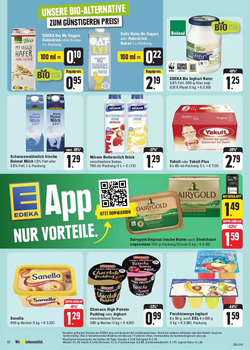 Aktueller Prospekt Edeka - Angebote der Woche - von 09.10 bis 14.10.2023 - strona 16 - produkty: angebot, Becher, bio, butter, buttermilch, coupon, coupons, Dairygold, deka, drink, edeka bio, ehrmann, eis, frucht, fruchtzwerge, gin, hafer, Haferdrink, irische butter, joghur, joghurt, kakao, milch, milram, natur, nuss, pudding, rabatt-coupon, regal, reis, salz, Schal, Schale, Streichzart, super-knüller, Ti, veggie, ZTE, zucker