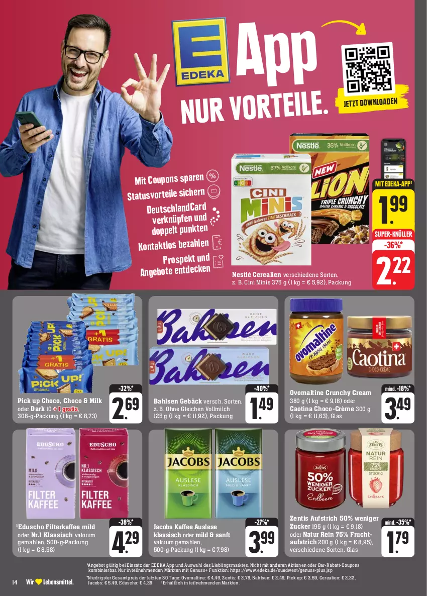 Aktueller Prospekt Edeka - Angebote der Woche - von 09.10 bis 14.10.2023 - strona 18 - produkty: angebot, angebote, aufstrich, bahlsen, cerealien, cin, coupon, coupons, decke, deka, eduscho, eis, filterkaffee, frucht, fruchtaufstrich, jacobs, kaffee, milch, natur, nestlé, nuss, ovomaltine, rabatt-coupon, reis, super-knüller, Ti, vollmilch, zentis, ZTE, zucker