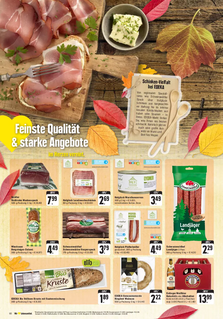 Aktueller Prospekt Edeka - Angebote der Woche - von 09.10 bis 14.10.2023 - strona 2 - produkty: alkohol, angebot, angebote, auer, Bau, Bauer, bier, bio, brot, deka, edeka bio, eis, ente, erdinger, flasche, Konserven, korn, landjäger, natur, nuss, pfeffer, Pfefferbeißer, Rauch, reis, ring, salami, schinken, senf, Speck, Spezi, südtiroler, Ti, walnuss, wiesbauer, wurst, wurstkonserven, ZTE