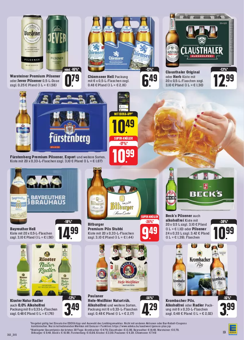 Aktueller Prospekt Edeka - Angebote der Woche - von 09.10 bis 14.10.2023 - strona 23 - produkty: alkohol, angebot, aust, beck's, bier, bitburger, burger, clausthaler, coupon, coupons, deka, eis, flasche, Fürstenberg, gin, Hefe, jever, jever pilsener, krombache, krombacher, krombacher pils, natur, natur radler, nuss, oder radler, Paula, paulaner, pils, pilsener, premium pils, rabatt-coupon, radler, reis, steiner, super-knüller, Ti, warsteiner, ZTE