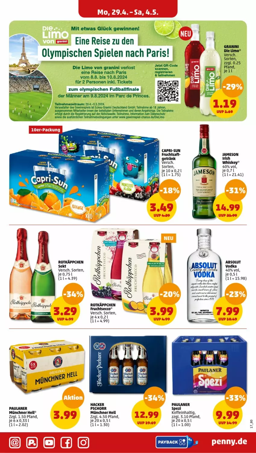 Aktueller Prospekt Penny - Prospekte - von 29.04 bis 04.05.2024 - strona 17 - produkty: ball, Cap, capri-sun, ecco, eis, frucht, fruchtsaft, fruchtsecco, Fußball, getränk, granini, hacker pschorr, jameson, limo, Paula, paulaner, reis, Ria, rotkäppchen, saft, sekt, Spezi, Spiele, Ti, vodka, whiskey