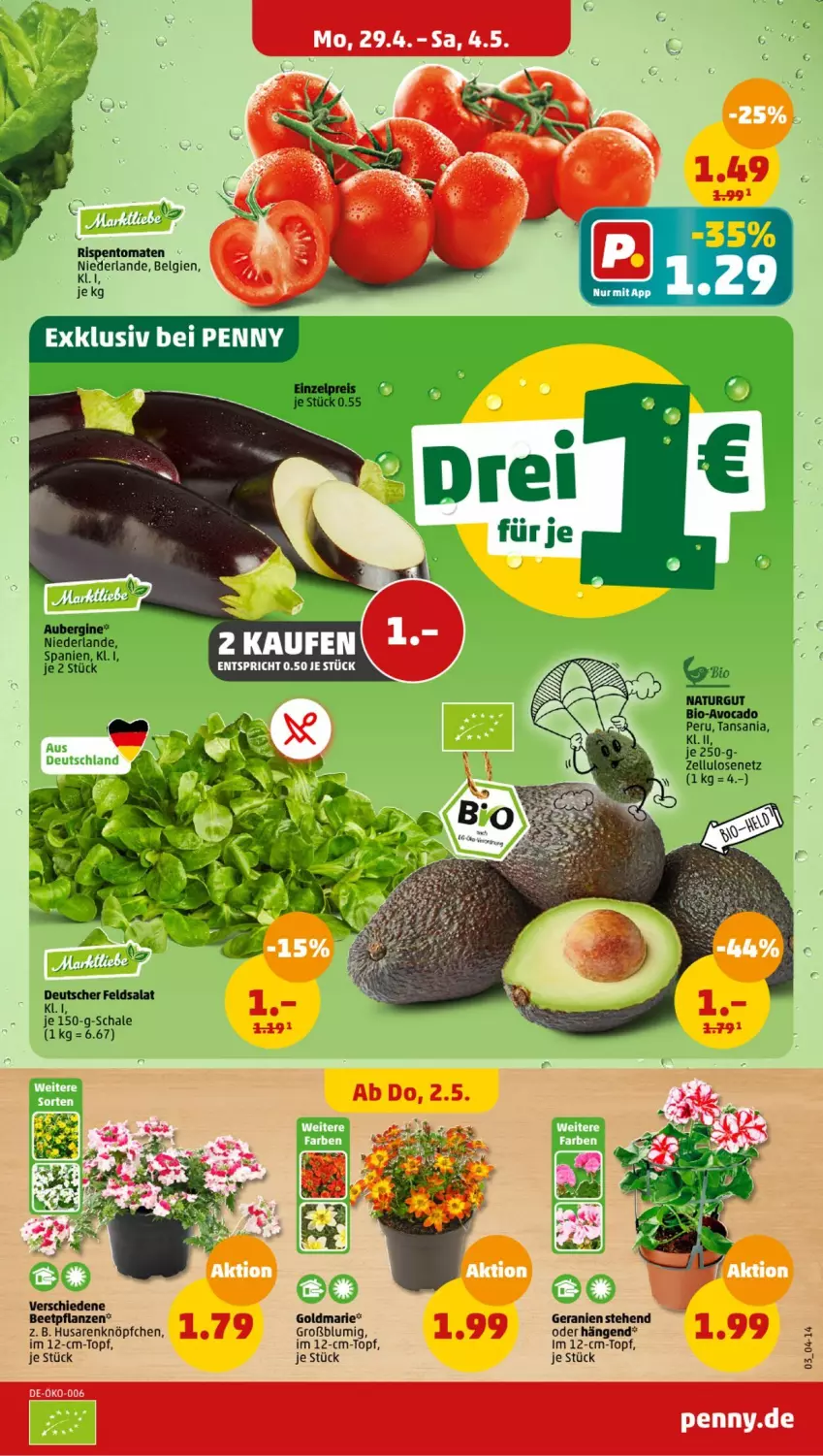 Aktueller Prospekt Penny - Prospekte - von 29.04 bis 04.05.2024 - strona 3 - produkty: aubergine, auer, avocado, beetpflanzen, bio, eis, feldsalat, geranie, geranien, gin, goldmarie, LG, natur, pflanze, pflanzen, reis, rispentomaten, salat, Schal, Schale, tomate, tomaten, topf