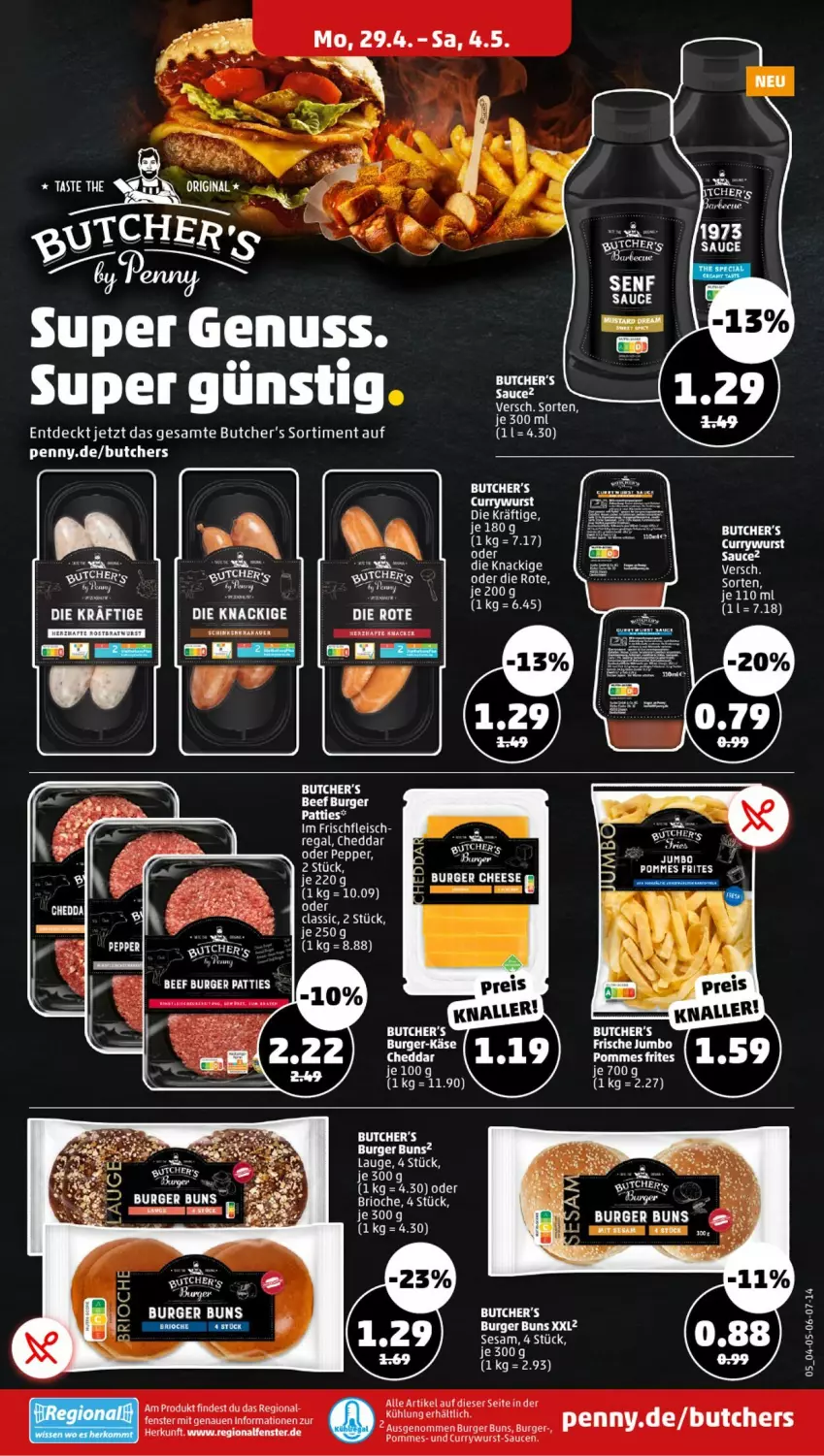 Aktueller Prospekt Penny - Prospekte - von 29.04 bis 04.05.2024 - strona 5 - produkty: beef, burger, burger buns, butcher's, cheddar, curry, currywurst, eis, fenster, fleisch, jumbo, Liege, nuss, pommes, Pommes Frites, regal, sauce, saucen, senf, sesam, tee, Ti, wurst