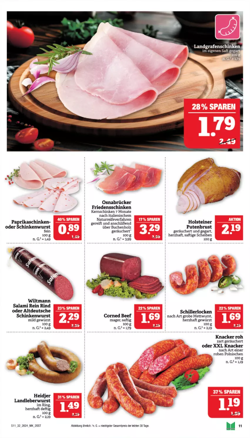 Aktueller Prospekt Marktkauf - Prospekt - von 04.08 bis 10.08.2024 - strona 11 - produkty: beef, buch, corned beef, eis, gewürz, holsteiner, Holz, kernschinken, knacker, landleberwurst, leberwurst, Mett, mettwurst, natur, paprika, pute, putenbrust, reis, rind, ring, saft, salami, schinken, schinkenwurst, steiner, Ti, wiltmann, wurst, ZTE