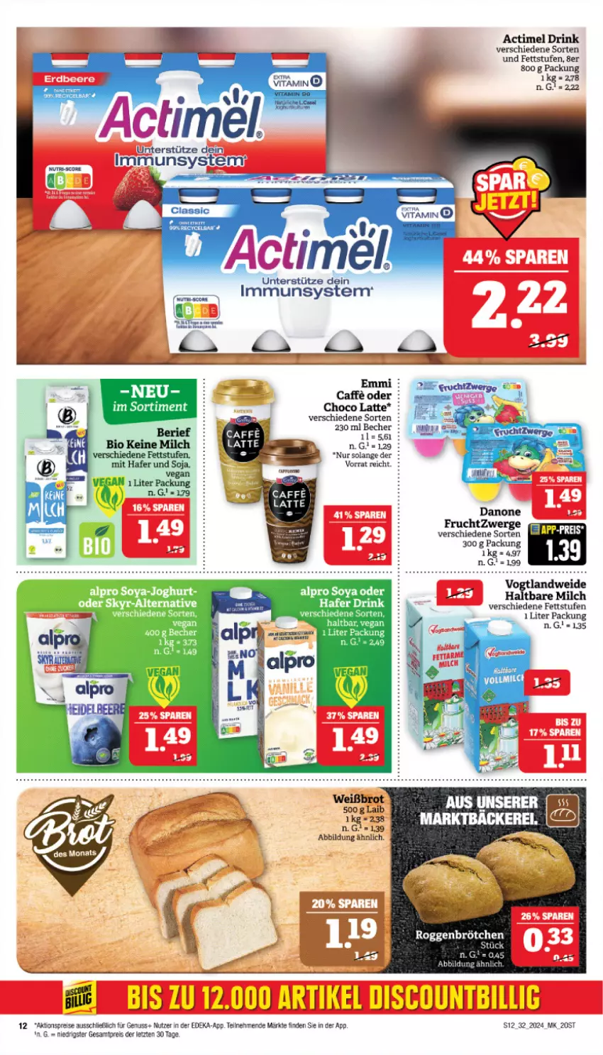 Aktueller Prospekt Marktkauf - Prospekt - von 04.08 bis 10.08.2024 - strona 12 - produkty: actimel, actimel drink, aktionspreis, alpro, Becher, brot, brötchen, deka, discount, drink, eis, frucht, fruchtzwerge, hafer, haltbare milch, milch, nuss, reis, roggenbrötchen, soya, Ti, vita, ZTE