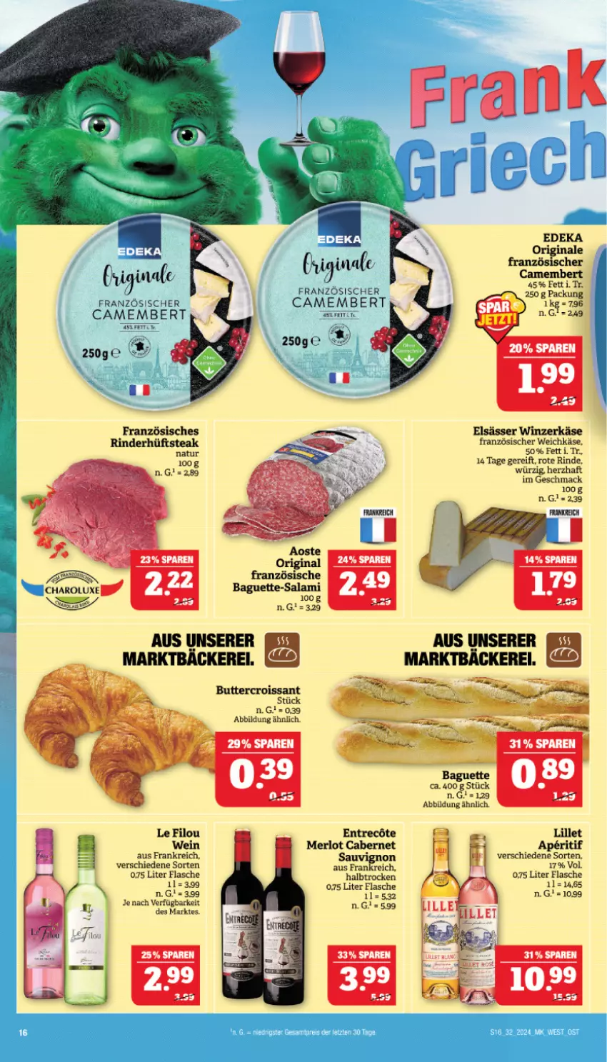 Aktueller Prospekt Marktkauf - Prospekt - von 04.08 bis 10.08.2024 - strona 16 - produkty: aperitif, butter, cabernet, camembert, Croissant, flasche, französischer weichkäse, Käse, lillet, mac, merl, merlot, rind, sauvignon, Ti, weichkäse, wein