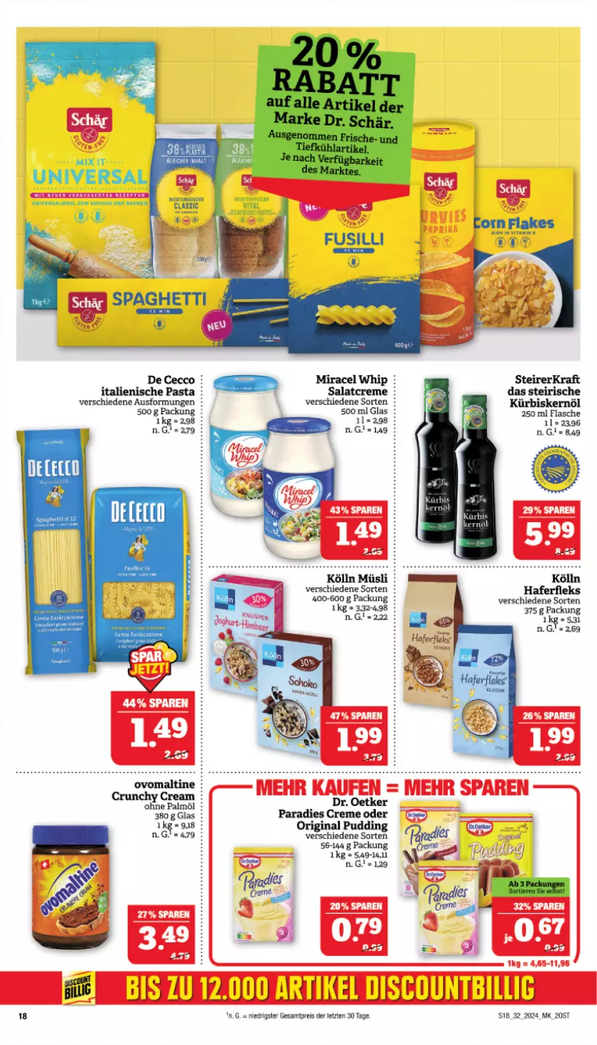 Aktueller Prospekt Marktkauf - Prospekt - von 04.08 bis 10.08.2024 - strona 18 - produkty: creme, De Cecco, Dr. Oetker, ecco, eis, flasche, gin, hafer, haferfleks, italienische pasta, kölln, kraft, Kürbis, Kürbiskernöl, miracel, miracel whip, müsli, ohne palmöl, Paradies Creme, pasta, pudding, reis, salat, salatcreme, spaghetti, Ti, ZTE