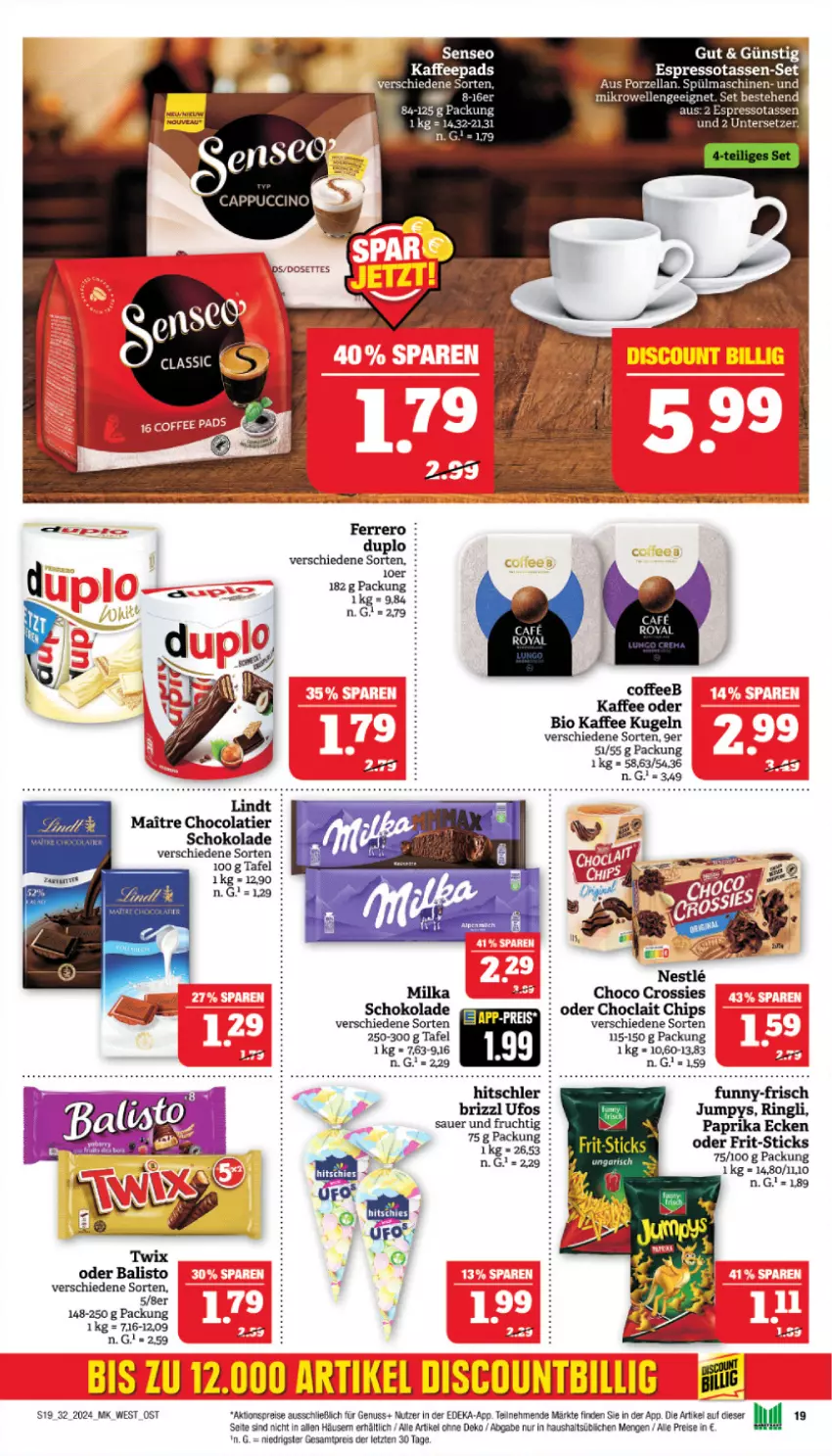 Aktueller Prospekt Marktkauf - Prospekt - von 04.08 bis 10.08.2024 - strona 19 - produkty: aktionspreis, auer, bio, chips, choclait chips, choco crossies, cin, cola, crossies, deka, duplo, eis, elle, espresso, ferrero, funny-frisch, hitschler, kaffee, Kugel, lindt, mikrowelle, milka, nuss, paprika, reis, ring, schoko, schokolade, senseo, tasse, Ti, ZTE