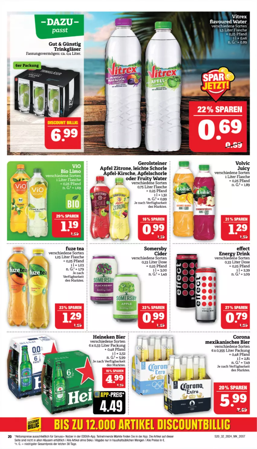 Aktueller Prospekt Marktkauf - Prospekt - von 04.08 bis 10.08.2024 - strona 20 - produkty: aktionspreis, apfel, Apfelschorle, bier, cider, corona, deka, discount, Effect, eis, flasche, fuzetea, gerolsteine, gerolsteiner, heineken, kirsch, kirsche, nuss, reis, schorle, somersby, steiner, Ti, volvic, zitrone, ZTE