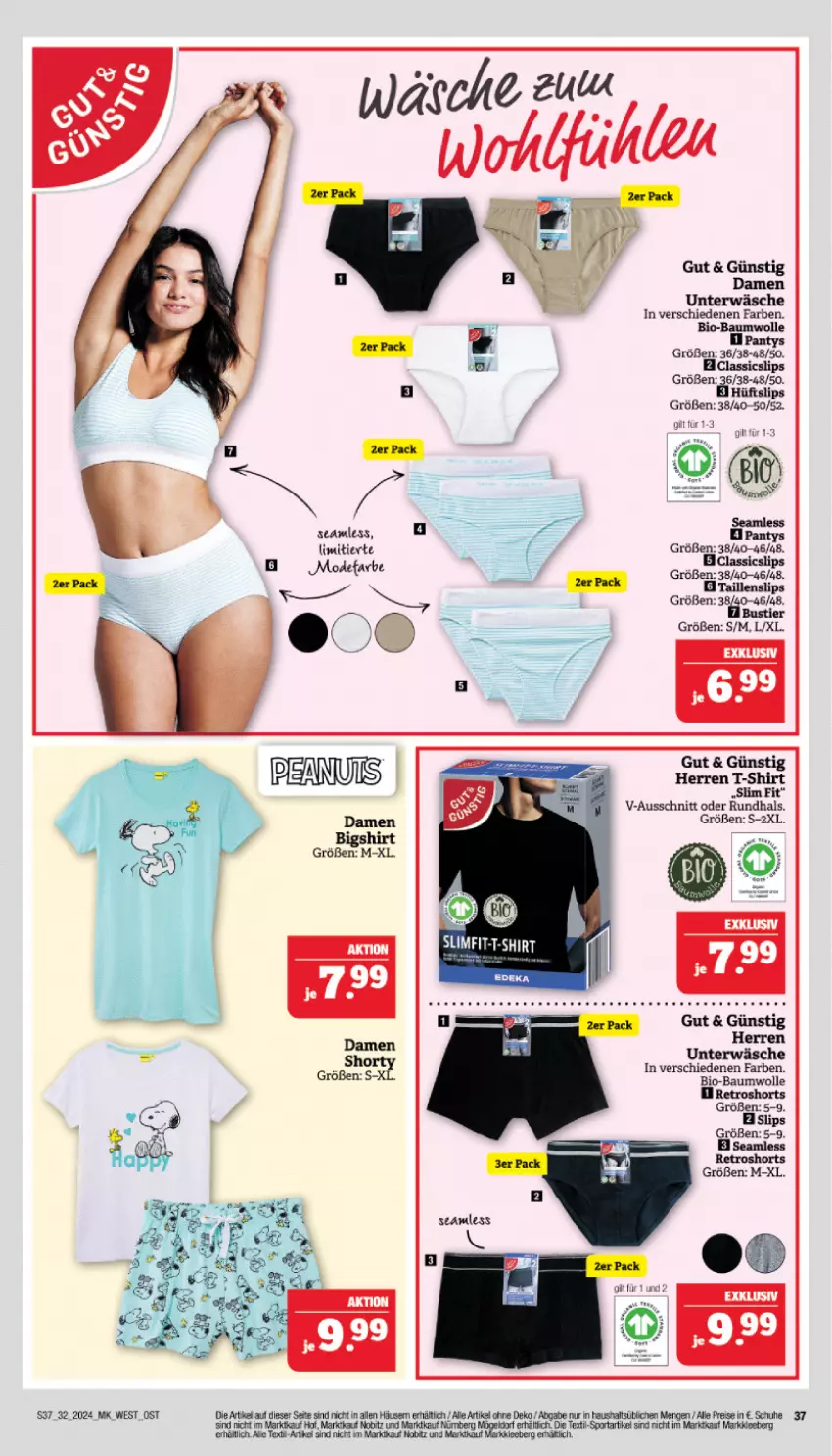 Aktueller Prospekt Marktkauf - Prospekt - von 04.08 bis 10.08.2024 - strona 37 - produkty: Bau, baumwolle, bio, bio-baumwolle, eis, Mode, panty, reis, retroshorts, schuhe, shirt, shorts, slip, slips, Sport, Stier, T-Shirt, Taillenslip, Ti, Unterwäsche, wolle