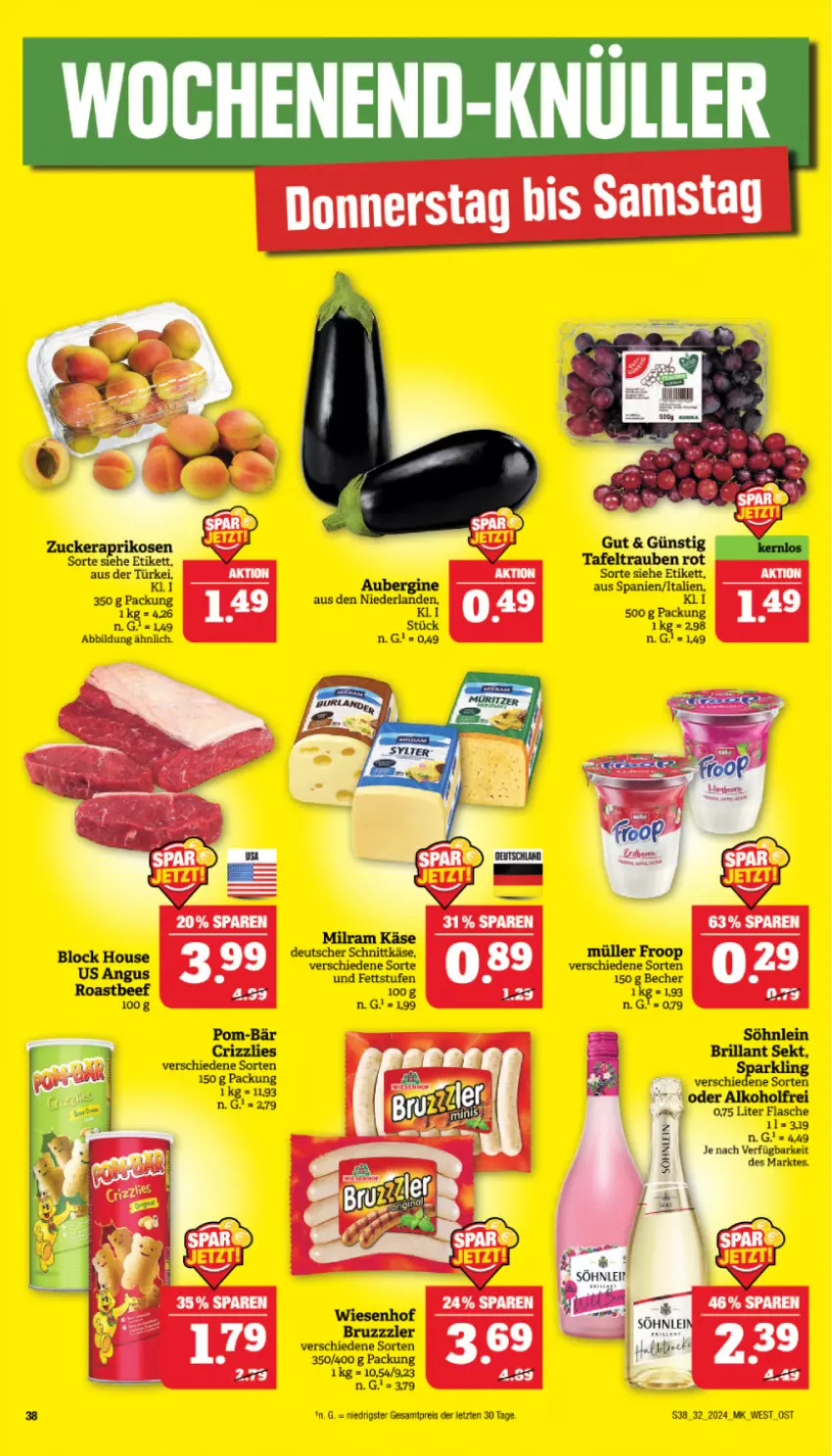 Aktueller Prospekt Marktkauf - Prospekt - von 04.08 bis 10.08.2024 - strona 38 - produkty: alkohol, Becher, beef, brillant sekt, bruzzzler, deutscher schnittkäse, eis, flasche, froop, gin, Käse, milram, Müller, müller froop, pom-bär, reis, roastbeef, schnittkäse, sekt, söhnlein, söhnlein brillant, Ti, wiesenhof, ZTE