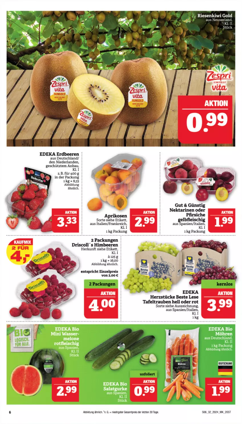 Aktueller Prospekt Marktkauf - Prospekt - von 04.08 bis 10.08.2024 - strona 6 - produkty: aprikose, aprikosen, Bau, beere, beeren, bio, deka, edeka bio, eis, erdbeere, erdbeeren, gurke, himbeer, himbeere, himbeeren, Nektar, nektarinen, nektarinen oder, pfirsich, pfirsiche, reis, salat, Salatgurke, tafeltrauben, Ti, trauben, ZTE