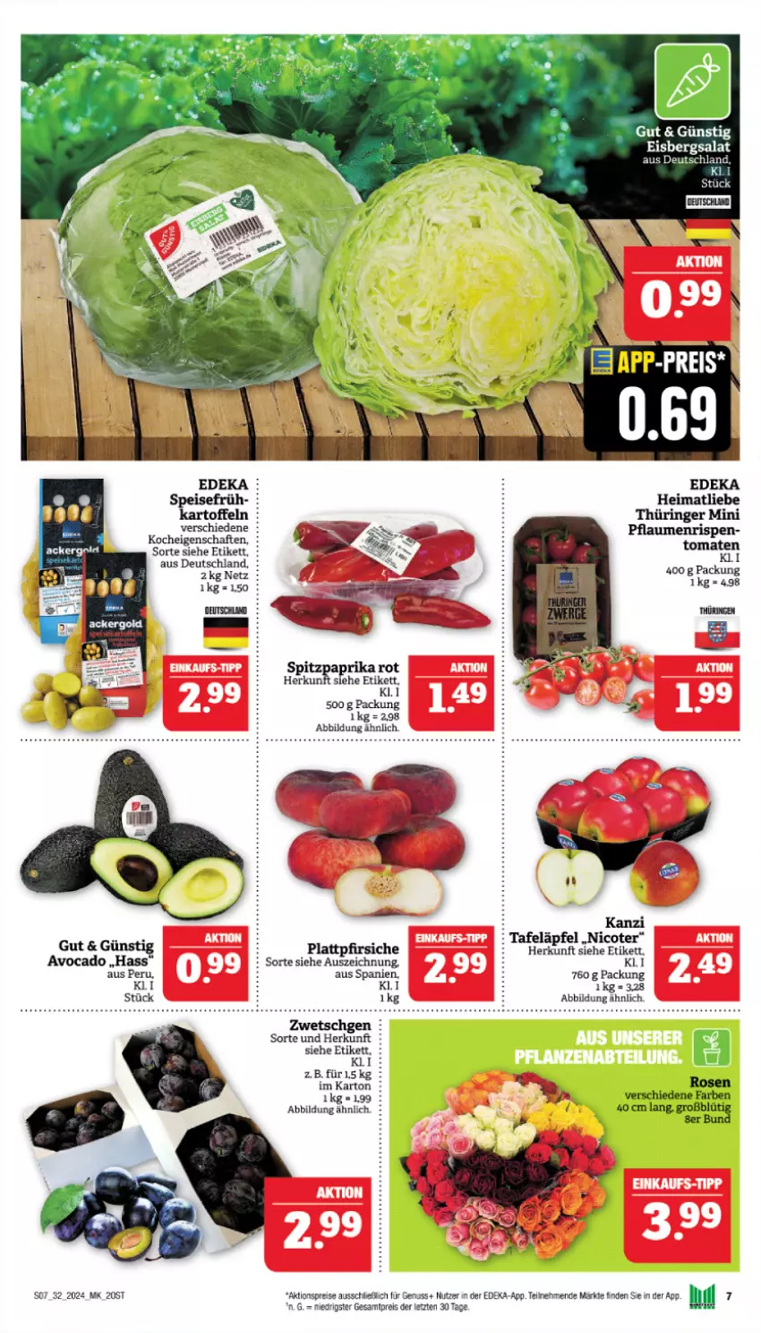 Aktueller Prospekt Marktkauf - Prospekt - von 04.08 bis 10.08.2024 - strona 7 - produkty: aktionspreis, avocado, deka, eis, eisbergsalat, nuss, pfirsich, pfirsiche, pflaume, pflaumen, plattpfirsiche, reis, ring, rosen, salat, tafeläpfel, Ti, tomate, tomaten, ZTE