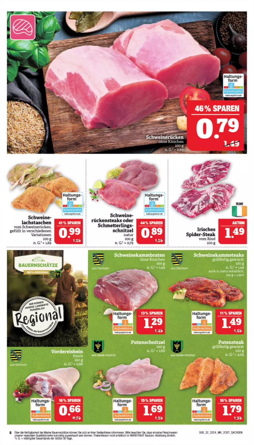 Aktueller Prospekt Marktkauf - Prospekt - von 04.08 bis 10.08.2024 - strona 8 - produkty: auer, Bau, Bauer, bohne, eis, fleisch, fleischwaren, lachs, Mett, natur, reis, Ria, rind, Rückensteak, rückensteaks, sac, Schmetterling, schnitzel, schwein, schweine, schweinerücken, steak, steaks, Tasche, taschen, Ti, wein, weine, ZTE