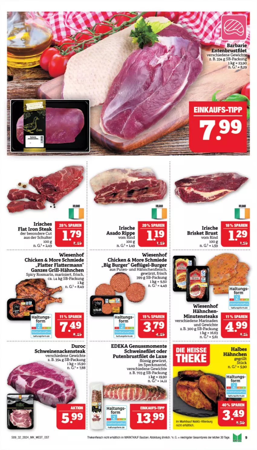 Aktueller Prospekt Marktkauf - Prospekt - von 04.08 bis 10.08.2024 - strona 9 - produkty: Bau, brustfilet, burger, deka, eier, eis, ente, Entenbrust, filet, fleisch, Geflügel, gewürz, grill, Hähnchenfleisch, latte, Mantel, marinade, Nackensteak, nuss, pute, putenbrust, putenbrustfilet, reis, rel, rosmarin, schwein, schweine, schweinefilet, schweinenacken, Speck, steak, Ti, wein, weine, wiesenhof, ZTE