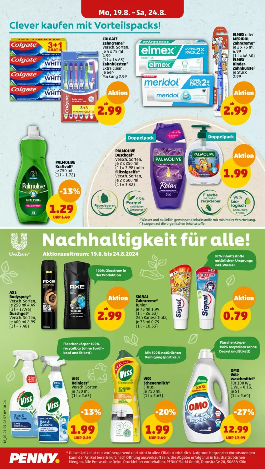 Aktueller Prospekt Penny - Prospekte - von 19.08 bis 24.08.2024 - strona 12 - produkty: Abba, axe, Bau, bio, body, bodyspray, bürste, bürsten, citrus, colgate, creme, decke, Deckel, duschgel, eis, elmex, flasche, flüssigseife, Heu, Kinder, kraft, LG, meridol, milch, olive, palmolive, reiniger, Reinigung, reis, scheuermilch, Seife, Signal, Ti, waschmittel, wasser, zahnbürste, zahnbürsten, zahncreme, ZTE