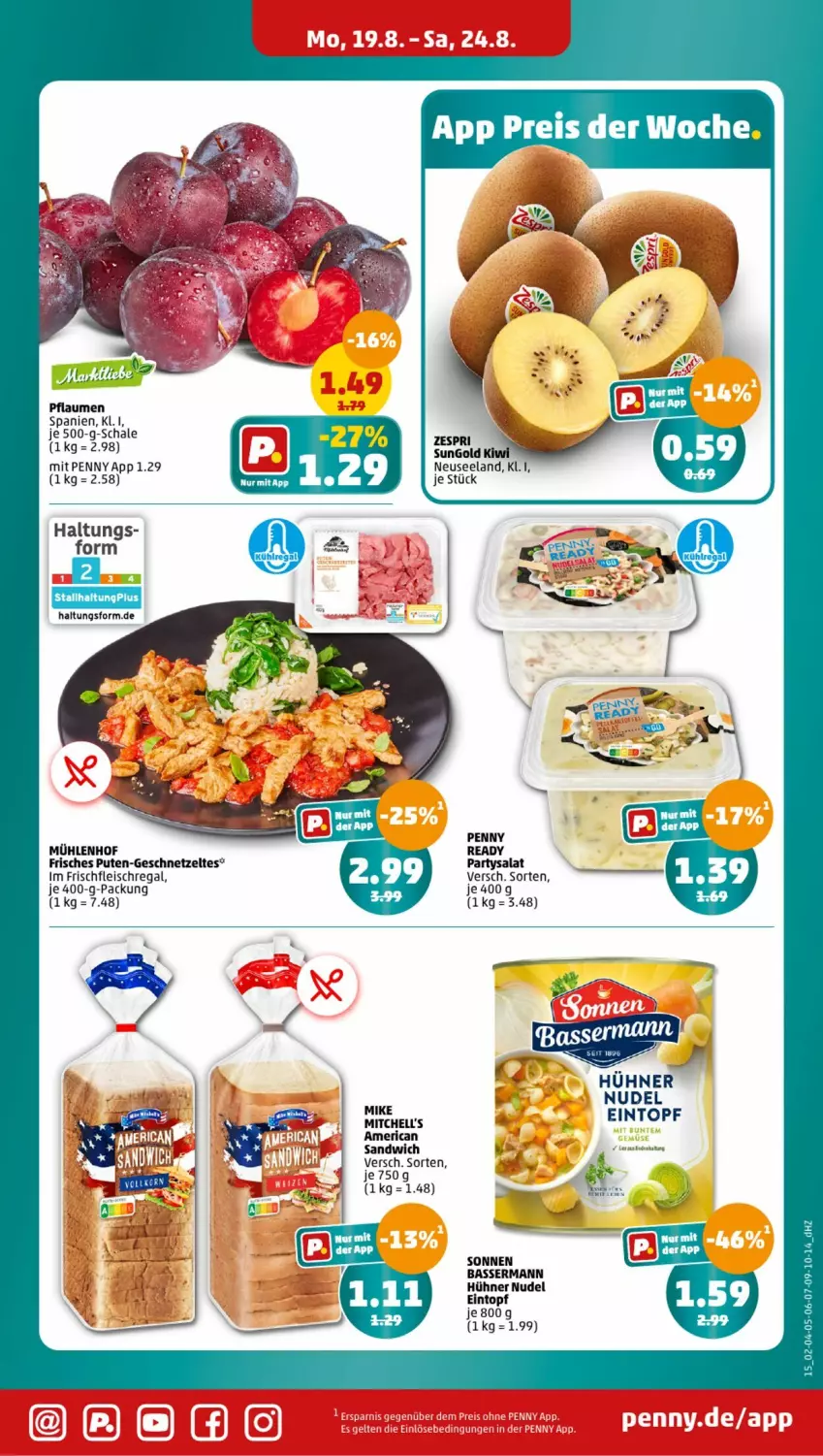 Aktueller Prospekt Penny - Prospekte - von 19.08 bis 24.08.2024 - strona 15 - produkty: eintopf, eis, fleisch, geschnetzeltes, hühner, kiwi, nudel, pflaume, pflaumen, pute, regal, salat, sandwich, Schal, Schale, Ti, topf, Zelt