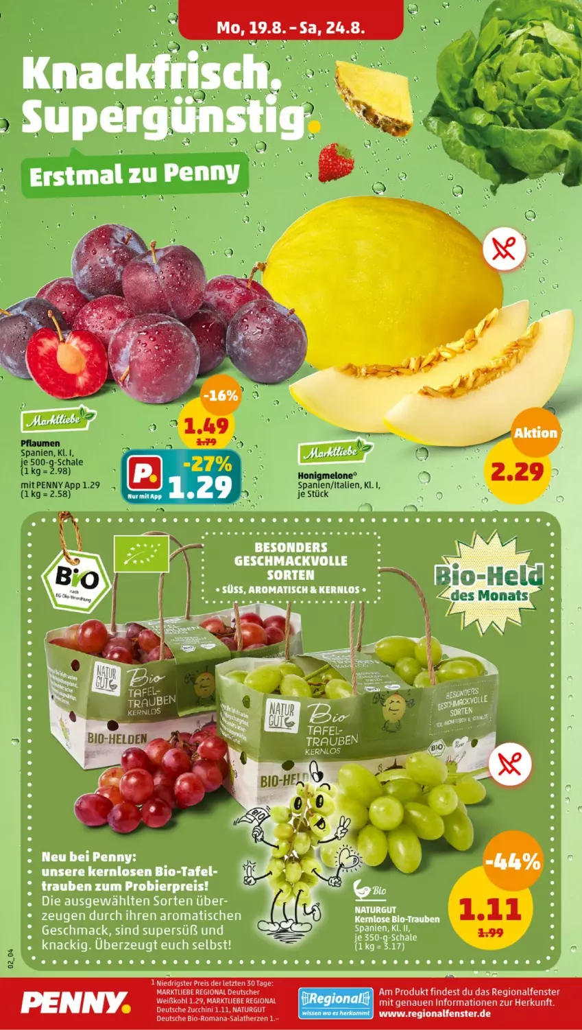 Aktueller Prospekt Penny - Prospekte - von 19.08 bis 24.08.2024 - strona 2 - produkty: bio, eis, fenster, honig, honigmelone, melone, natur, pflaume, pflaumen, reis, salat, salatherzen, Schal, Schale, Ti, ZTE, zucchini