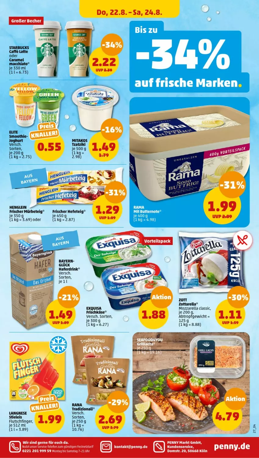 Aktueller Prospekt Penny - Prospekte - von 19.08 bis 24.08.2024 - strona 29 - produkty: caffe, drink, eis, exquisa, frischkäse, hafer, Haferdrink, Hefe, henglein, Käse, langnese, mozzarella, rama, Rana, rel, stieleis, telefon, Ti, uhr, zott, zottarella