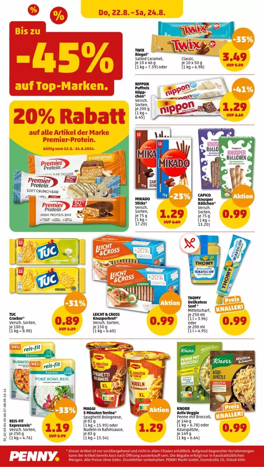 Aktueller Prospekt Penny - Prospekte - von 19.08 bis 24.08.2024 - strona 32 - produkty: bolognese, broccoli, brot, caramel, cracker, eis, Käse, nippon, nudel, nudeln, penne, reis, reis-fit, riegel, sauce, senf, spaghetti, spaghetti bolognese, terrine, Ti, tuc, twix, veggie