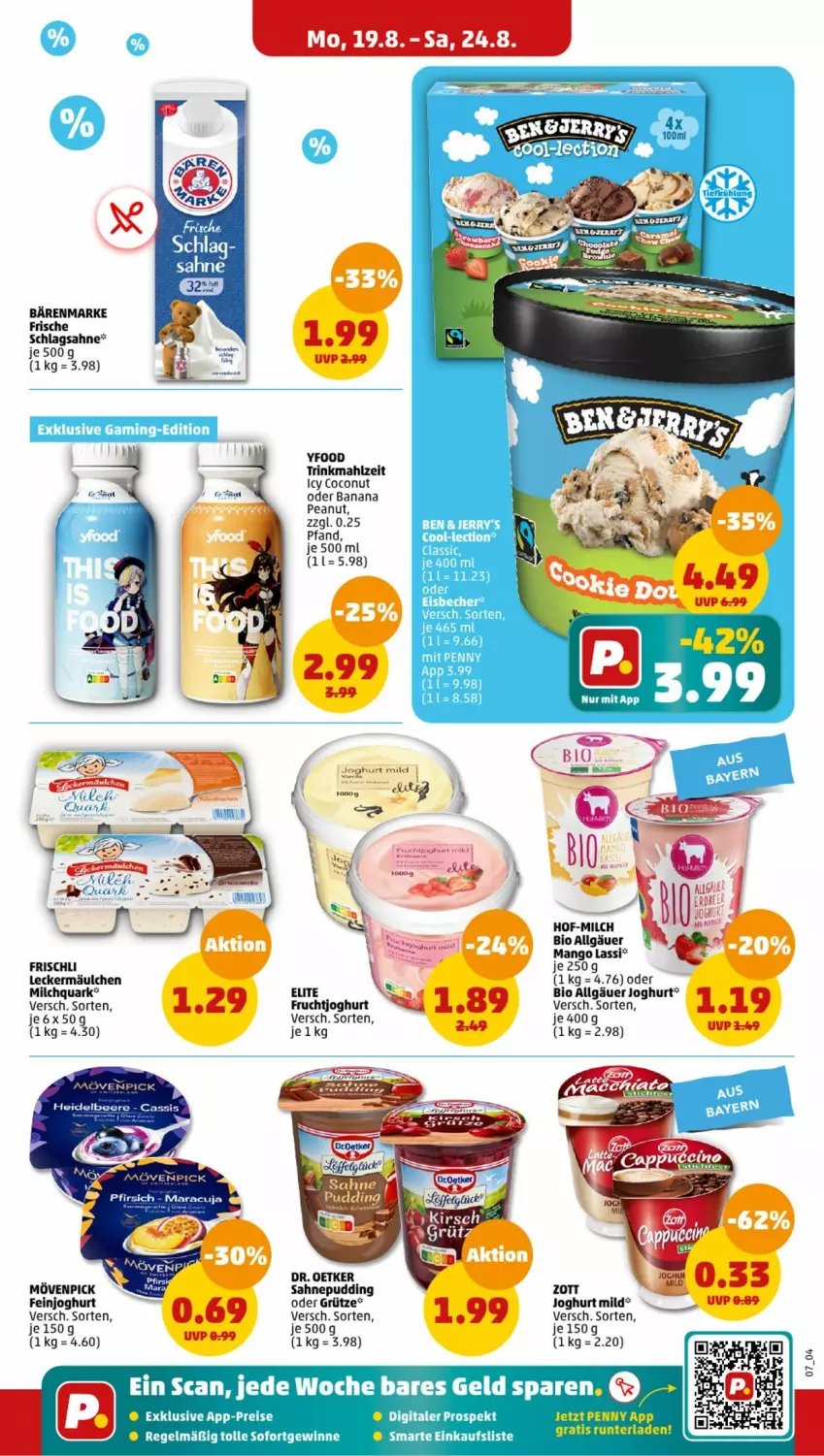 Aktueller Prospekt Penny - Prospekte - von 19.08 bis 24.08.2024 - strona 7 - produkty: bärenmarke, bio, coconut, Dr. Oetker, eis, feinjoghurt, frischli, grütze, joghur, joghurt, joghurt mild, leckermäulchen, LG, mango, milch, mövenpick, pudding, quark, reis, sahne, schlagsahne, Ti