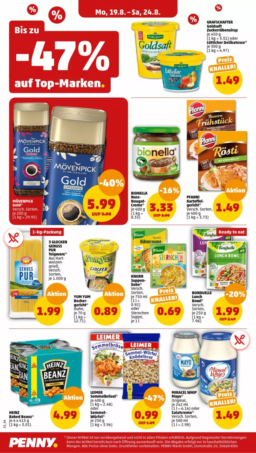 Aktueller Prospekt Penny - Prospekte - von 19.08 bis 24.08.2024 - strona 8 - produkty: beanz, Becher, bio, bonduelle, cin, creme, eimer, elle, gin, goldsaft, grafschafter, heinz, kartoffel, leimer, miracel, miracel whip, nuss, pfanni, saft, salat, salatcreme, Semmel, Semmelbrösel, sirup, suppe, suppen, Ti, würfel, Yo, Yum Yum, zucker