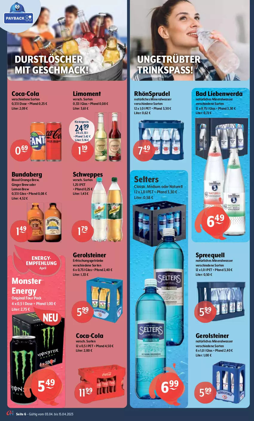 Aktueller Prospekt Getraenke Hoffmann - Prospekte - von 03.04 bis 15.04.2023 - strona 6 - produkty: Alwa, angebot, angebote, aperitif, aperol, auer, Bad, Bad Liebenwerda, baileys, Bundaberg, burgunder, cabernet, cabernet sauvignon, classico, coca-cola, cola, dry gin, durstlöscher, eier, eierlikör, eis, elle, ente, erfrischungsgetränk, erfrischungsgetränke, finsbury, gerolsteine, gerolsteiner, getränk, getränke, gin, ginger, grauer burgunder, Hula Hoop, irish cream, jack daniel, Jack Daniel’s, likör, limo, london dry, london dry gin, mac, mineralwasser, monster, Monster Energy, natur, natürliches mineralwasser, orange, pril, reis, rel, RhönSprudel, Ria, rum, sauvignon, sauvignon blanc, schweppes, Selters, Spreequell, Sprudel, steiner, tennessee whiskey, Ti, vodka, wasser, wein, weine, Weißburgunder, whiskey, Wild