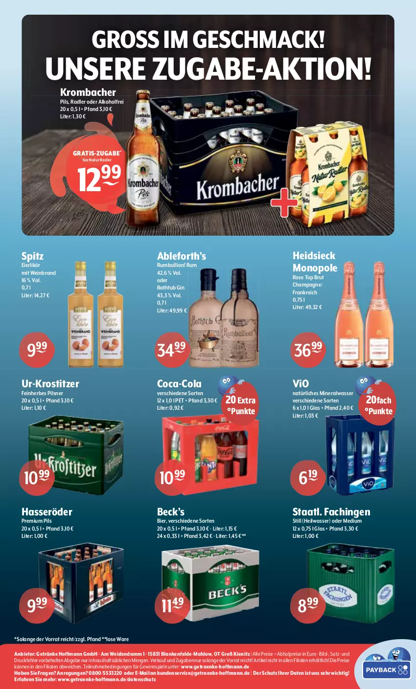 Aktueller Prospekt Getraenke Hoffmann - Prospekte - von 03.04 bis 15.04.2023 - strona 8 - produkty: abholpreise, alkohol, Alwa, bier, brut, champagne, coca-cola, cola, eier, eierlikör, eis, getränk, getränke, gewinnspiel, gin, hasseröder, krombache, krombacher, krombacher pils, likör, lion, mac, mineralwasser, natur, natur radler, natürliches mineralwasser, pils, pilsner, premium pils, radler, reis, rum, Spiele, Staatl. Fachingen, Ti, wasser, wein, weinbrand