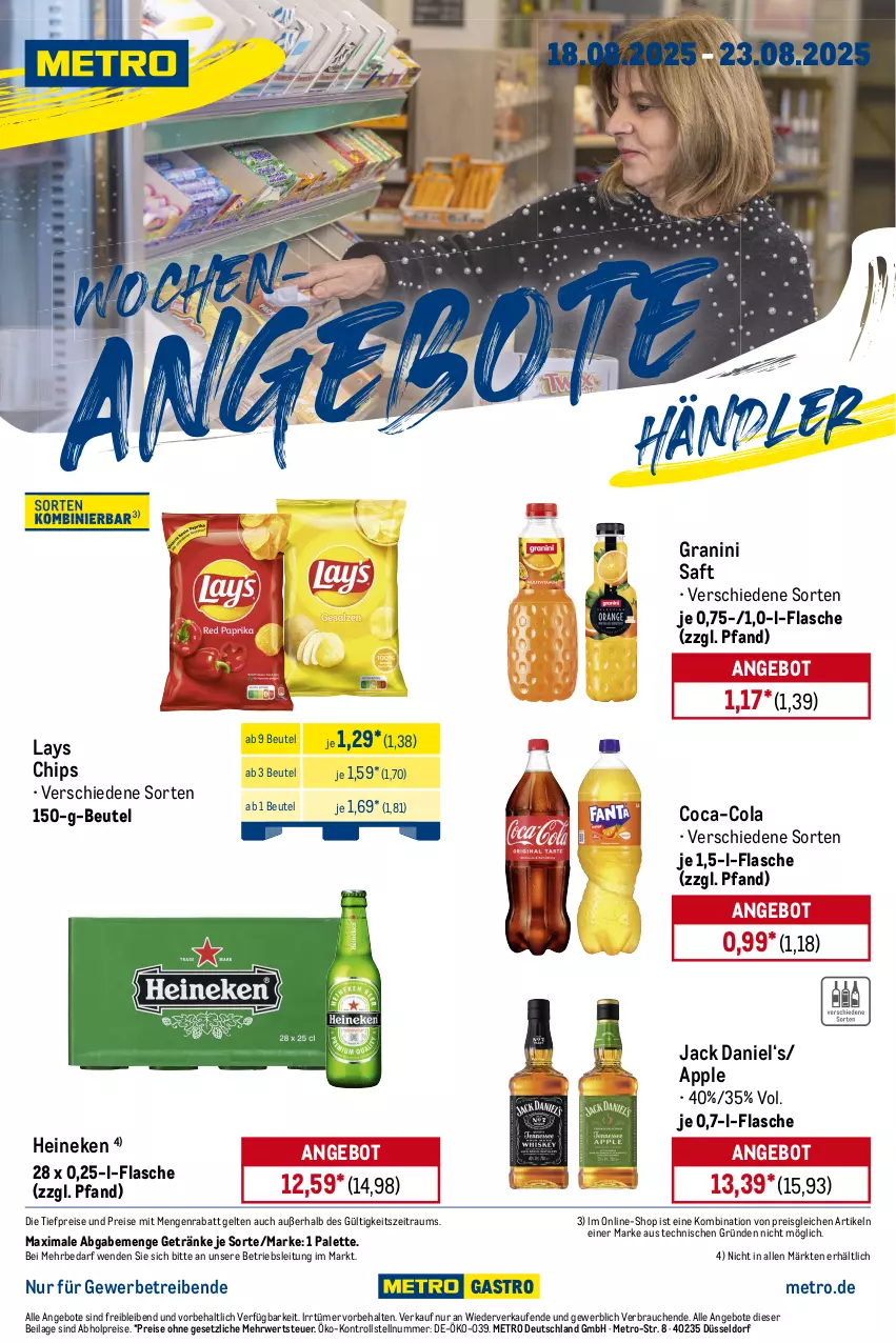 Aktueller Prospekt Metro - Wochen-Angebote Händler - von 18.08 bis 23.08.2025 - strona 1 - produkty: abholpreise, angebot, angebote, Apple, beutel, chips, coca-cola, cola, eis, flasche, getränk, getränke, granini, heineken, ilag, jack daniel, lays, Metro, Palette, Rauch, reis, rwe, saft, Ti, tiefpreis