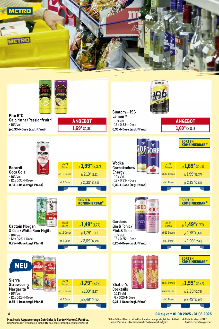 Aktueller Prospekt Metro - Wochen-Angebote Händler - von 18.08 bis 23.08.2025 - strona 11 - produkty: angebot, bacardi, caipirinha, Cap, captain morgan, cocktail, cocktails, cola, eis, getränk, getränke, gin, Gorbatschow, gordon, gordons, Metro, mojito, Palette, reis, rum, Sierra, Ti, tonic, white rum, wodka