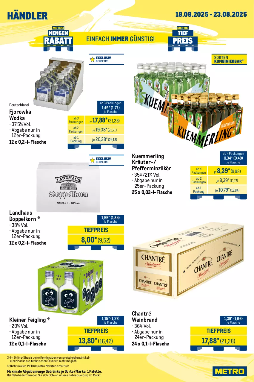 Aktueller Prospekt Metro - Wochen-Angebote Händler - von 18.08 bis 23.08.2025 - strona 7 - produkty: chantré, doppelkorn, eis, flasche, getränk, getränke, kleiner feigling, korn, kräuter, kuemmerling, leine, likör, merl, Metro, metro gastro, Palette, pfeffer, pfefferminzlikör, reis, Ti, tiefpreis, wein, weinbrand, wodka