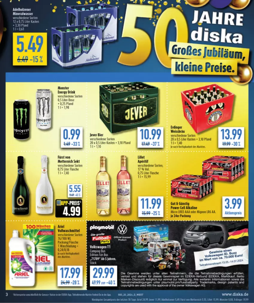 Aktueller Prospekt Diska - von 13.05 bis 18.05.2024 - strona 3 - produkty: adelholzener, aktionspreis, Alwa, ariel, ball, bier, deka, discount, drink, eis, energy drink, erde, flasche, gewinnspiel, Holz, jever, marken-discount, Mett, metternich, mineralwasser, monster, Monster Energy, nuss, playmobil, reis, sekt, tee, Ti, wasser, ZTE