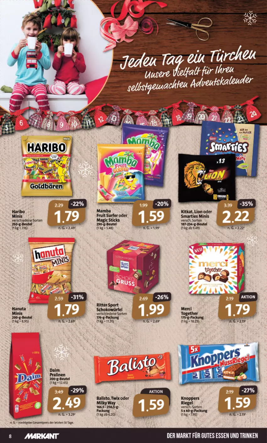 Aktueller Prospekt Markant - Prospekte - von 20.11 bis 25.11.2023 - strona 8 - produkty: beutel, daim, eis, gutes essen, hanuta, haribo, kitkat, lion, merci, pralinen, reis, ritter, ritter sport, schoko, smarties, Sport, Surf, Ti, twix, ZTE