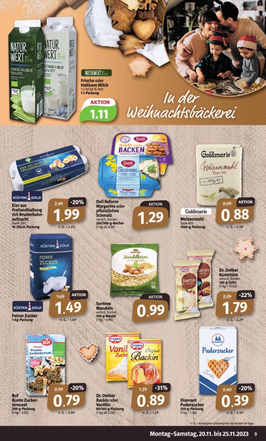 Aktueller Prospekt Markant - Prospekte - von 20.11 bis 25.11.2023 - strona 9 - produkty: Becher, beutel, deli reform, Dr. Oetker, eis, goldmarie, haltbare milch, mandel, mandeln, mehl, milch, natur, reis, Ti, type 405, weizenmehl, ZTE, zucker