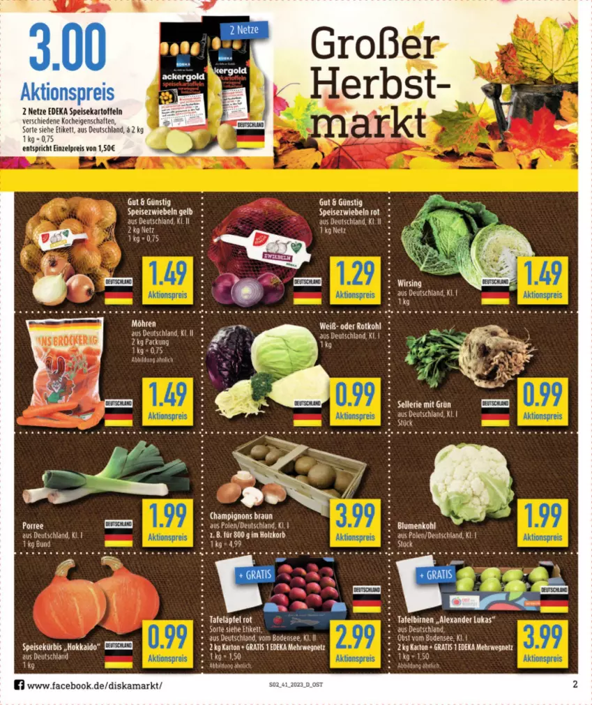 Aktueller Prospekt Diska - Prospekte - von 09.10 bis 14.10.2023 - strona 2 - produkty: aktionspreis, alexa, Birnen, blume, blumen, blumenkohl, braun, champignon, champignons, champignons braun, deka, eier, eis, elle, ente, Kürbis, möhren, reis, rwe, tee, Ti, Wirsing