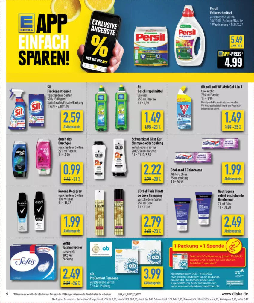 Aktueller Prospekt Diska - Prospekte - von 09.10 bis 14.10.2023 - strona 9 - produkty: aktionspreis, bio, biozidprodukte, creme, deka, deo, deospray, duschgel, eis, flasche, Frosch, geschirr, geschirrspülmittel, gin, gliss, gliss kur, haarspray, handcreme, l'oreal, neutrogena, Odol, Odol-med 3, persil, Rauch, reis, rexona, rwe, schwarzkop, schwarzkopf, shampoo, shampoo oder spülung, sprühflasche, spülmittel, spülung, Tasche, taschen, taschentücher, Ti, tücher, vollwaschmittel, waschmittel, zahncreme, ZTE