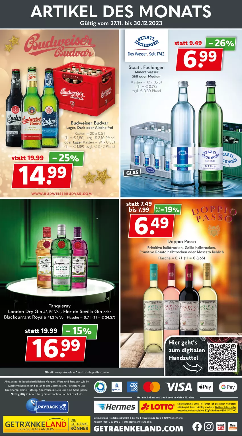 Aktueller Prospekt Getraenkeland - von 27.11 bis 09.12.2023 - strona 10 - produkty: abholpreise, aktionspreis, alkohol, Alwa, bestpreis, bestpreise, budweiser, Currant, dry gin, eis, Elan, flasche, getränk, getränke, gin, lack, london dry, london dry gin, mineralwasser, Mineralwasser Still, reis, Staatl. Fachingen, Tanqueray, tee, Ti, wasser