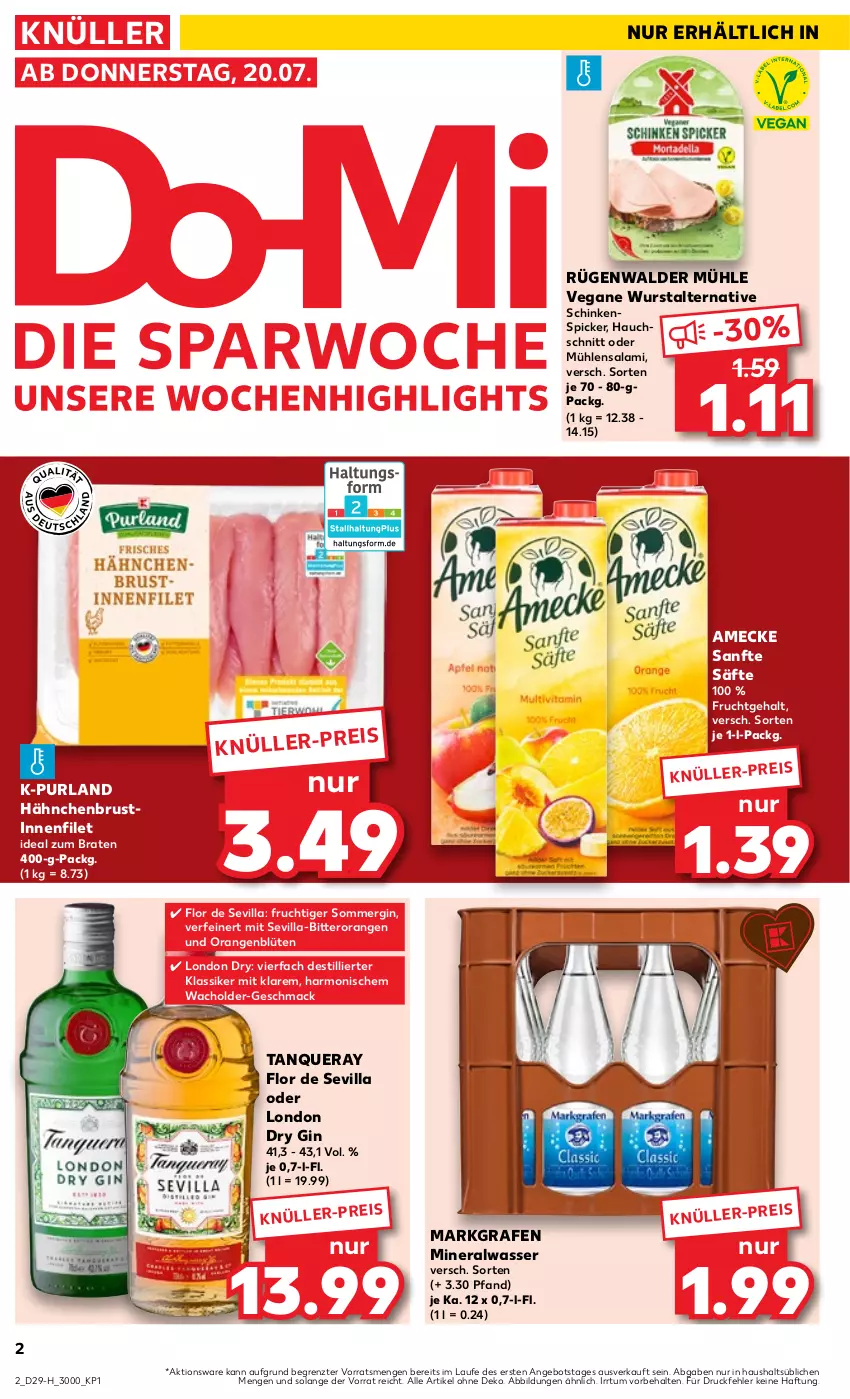 Aktueller Prospekt Kaufland - Extra-Angebote - von 20.07 bis 26.07.2023 - strona 2 - produkty: Alwa, amecke, angebot, Blüte, braten, dry gin, eis, filet, frucht, gin, hähnchenbrust, ideal zum braten, london dry, london dry gin, mac, mineralwasser, orange, orangen, purland, rügenwalder, rügenwalder mühle, säfte, salami, schinken, Schinkenspicker, Tanqueray, Ti, wasser, wurst, ZTE