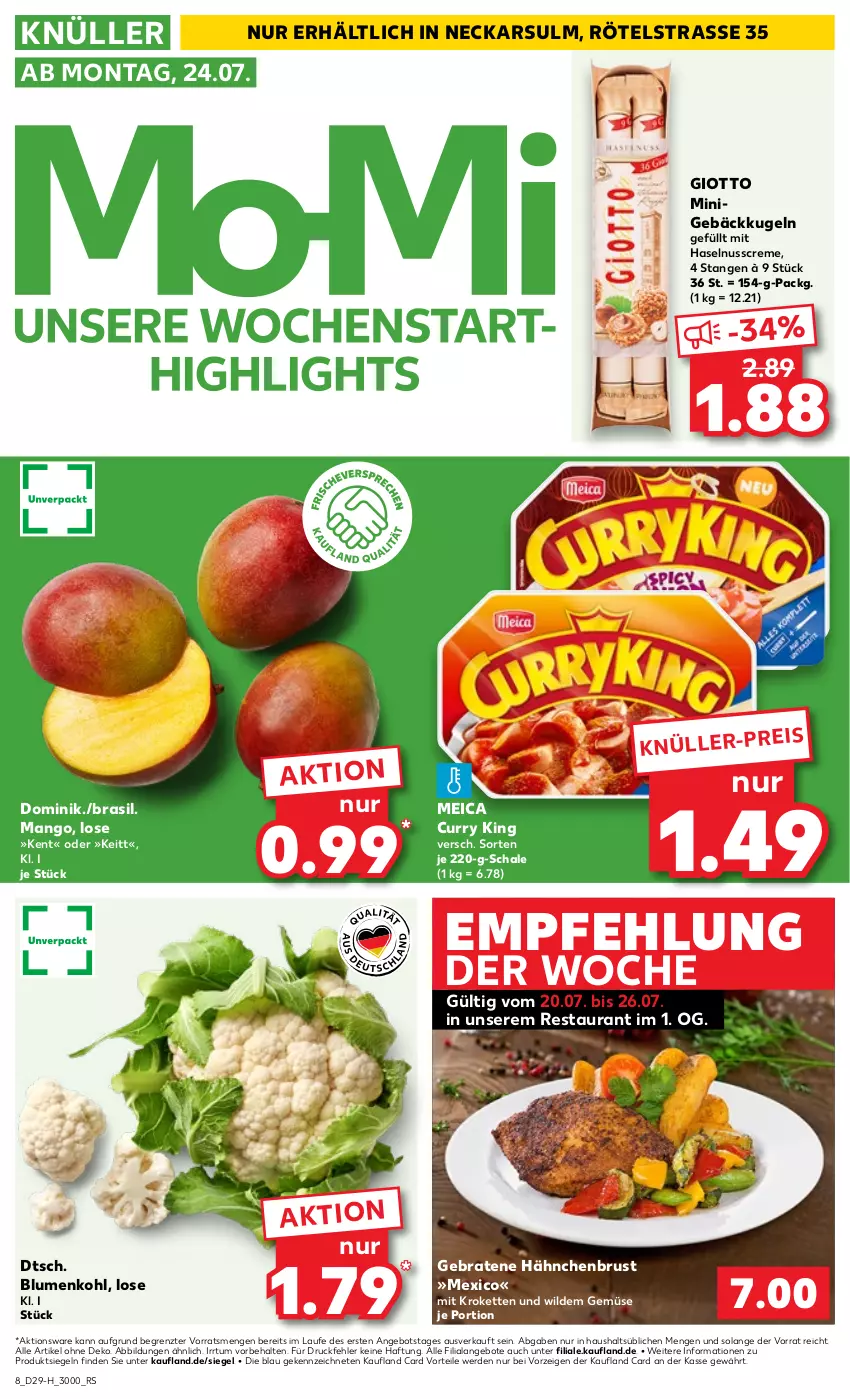 Aktueller Prospekt Kaufland - Extra-Angebote - von 20.07 bis 26.07.2023 - strona 8 - produkty: angebot, angebote, blume, blumen, blumenkohl, braten, creme, curry, eis, erde, giotto, hähnchenbrust, haselnuss, Haselnusscreme, Kette, Kroketten, Kugel, mango, meica, nuss, Schal, Schale, Ti, Wild, ZTE