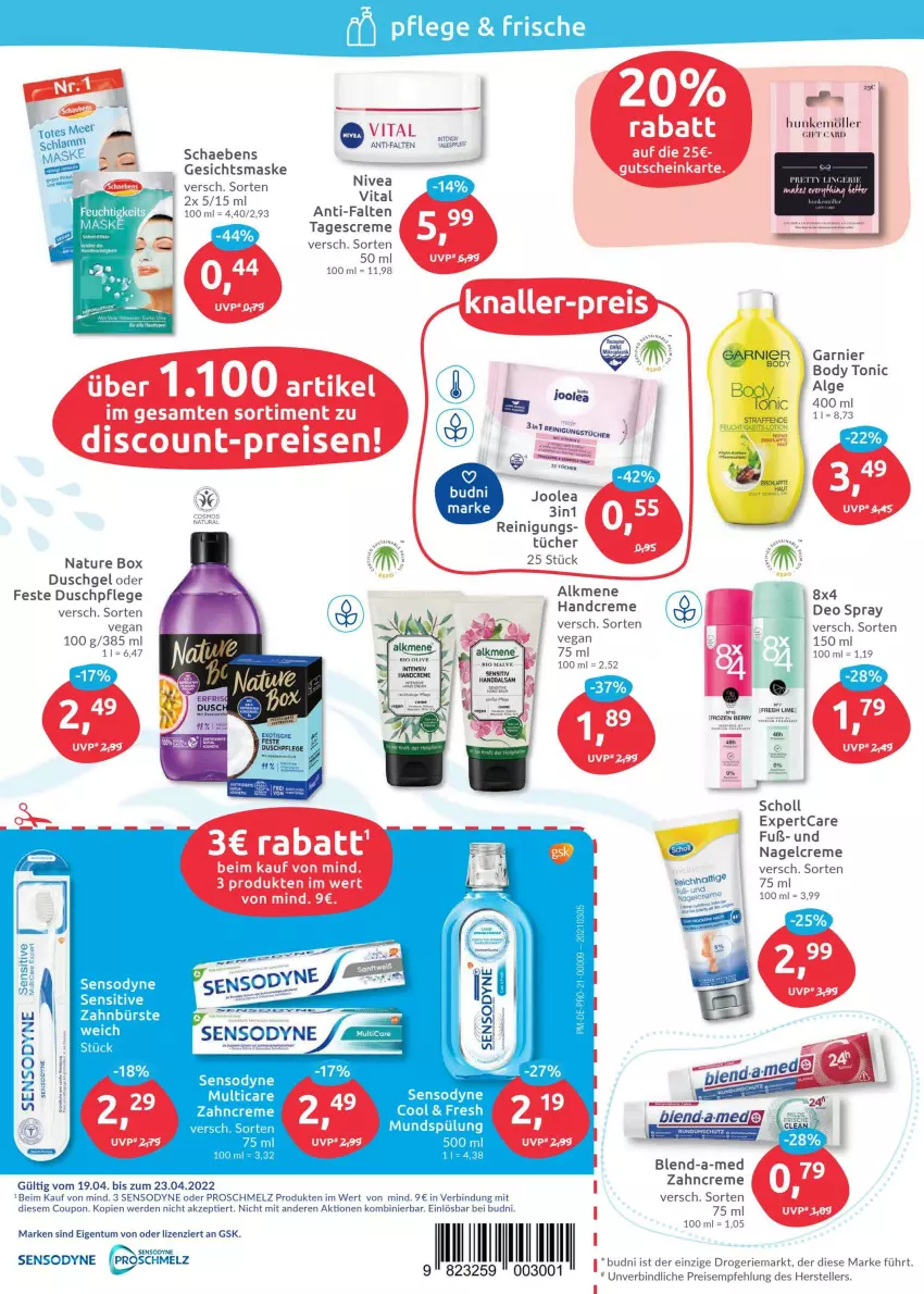 Aktueller Prospekt Budni - Prospekte - von 19.04 bis 23.04.2022 - strona 2 - produkty: asti, balsam, bio, blend-a-med, body, bürste, coupon, creme, deo, deo spray, discount, duschgel, eis, elle, erde, garnier, Gesichtsmaske, gutschein, handcreme, HP, LG, mam, Maske, mundspülung, natur, natura, nature box, nivea, olive, Reinigung, reis, scholl, sensodyne, spülung, tagescreme, teller, Ti, tonic, vita, weka, zahnbürste, zahncreme