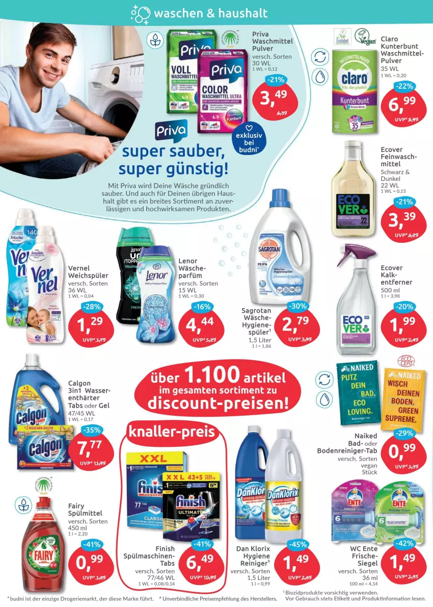 Aktueller Prospekt Budni - Prospekte - von 19.04 bis 23.04.2022 - strona 4 - produkty: Bad, bio, biozidprodukte, Brei, calgon, eis, elle, gin, LG, Rauch, reiniger, reis, rwe, sagrotan, spülmaschinen, teller, Ti, vernel, Waage, waschmittel, wasser, weichspüler