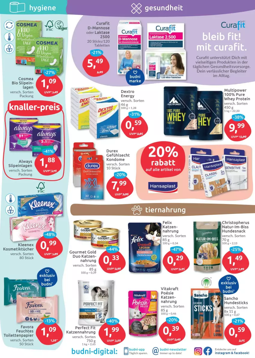 Aktueller Prospekt Budni - Prospekte - von 19.04 bis 23.04.2022 - strona 5 - produkty: Alwa, Always, bio, cosmea, dailies, decke, Durex, feuchtes toilettenpapier, Gesundheit, gourmet gold, hundesnack, katzennahrung, Kondome, kosmetik, Kosmetiktücher, kraft, natur, papier, Perfect Fit, slip, slipeinlagen, snack, tablet, tablett, Tablette, tee, Ti, toilettenpapier, tücher, vita, vitakraft