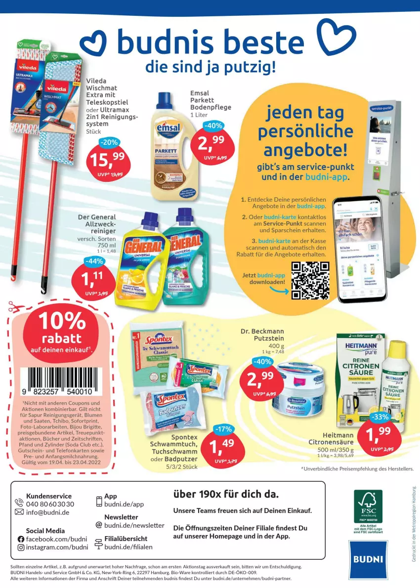 Aktueller Prospekt Budni - Prospekte - von 19.04 bis 23.04.2022 - strona 8 - produkty: ACC, angebot, angebote, auto, Bad, bio, blume, blumen, coupon, coupons, creme, decke, Dr. Beckmann, eis, elle, emsa, gutschein, handcreme, heitmann, Metro, milch, Omep, rama, reiniger, Reinigung, reis, ring, schwamm, Schwammtuch, Soda, spontex, Tchibo, telefon, Teleskop, teleskopstiel, teller, Ti, tisch, trolli, tuc, vileda, weck, Yo