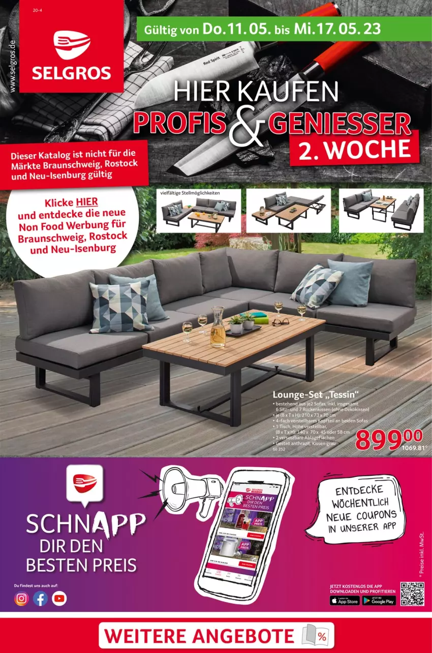 Aktueller Prospekt Selgros - Nonfood - von 11.05 bis 17.05.2023 - strona 1 - produkty: angebot, angebote, Bau, braun, coupon, coupons, decke, eis, kissen, LG, lounge-set, reis, Rückenkissen, Sofa, Ti, Tiere