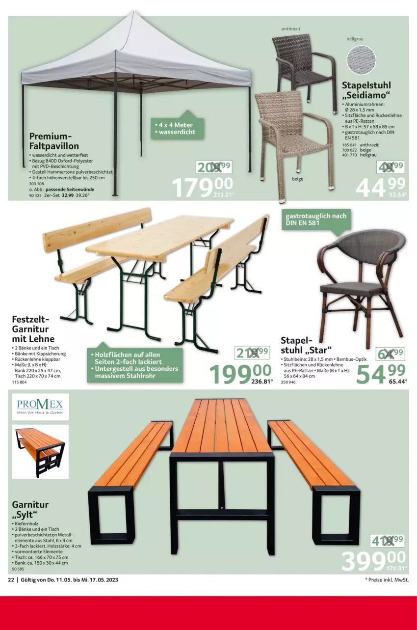 Aktueller Prospekt Selgros - Nonfood - von 11.05 bis 17.05.2023 - strona 22 - produkty: asti, bambus, Bank, eis, ente, Faltpavillon, garnitur, Holz, lack, LG, pavillon, reis, rückenlehne, stapelstuhl, stuhl, Ti, tisch, wasser, Zelt