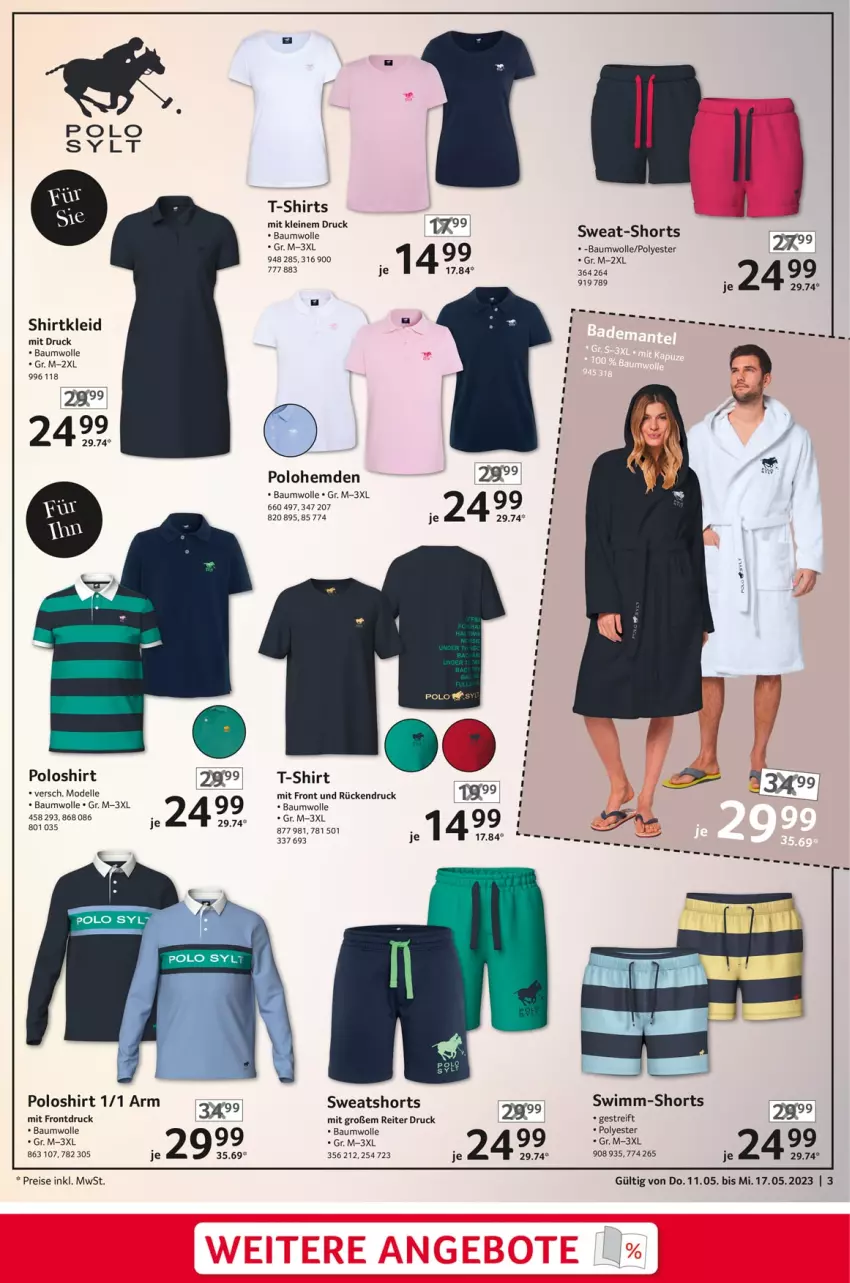 Aktueller Prospekt Selgros - Nonfood - von 11.05 bis 17.05.2023 - strona 3 - produkty: Bau, baumwolle, dell, eis, elle, hemd, hemden, kleid, leine, Mode, poloshirt, reis, shirt, shirts, shorts, sweatshorts, T-Shirt, Ti, wolle