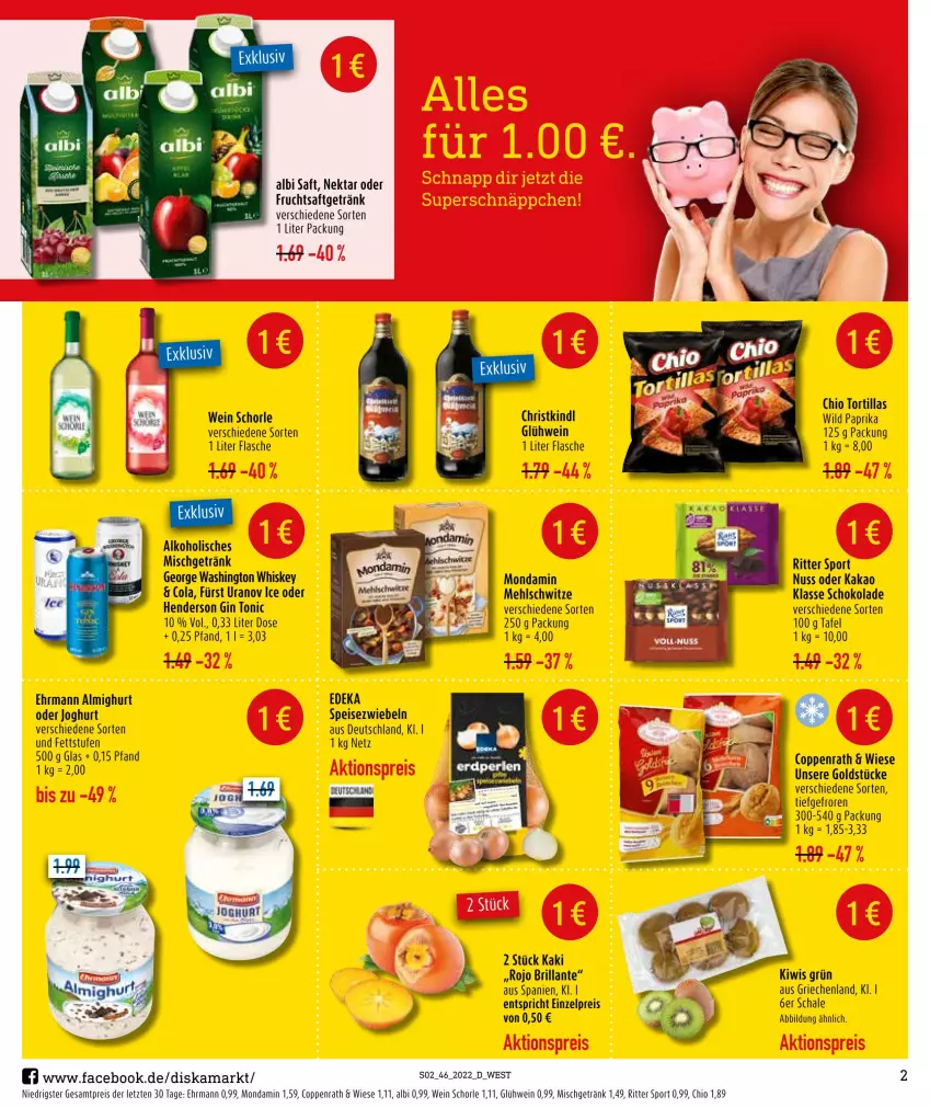 Aktueller Prospekt Diska - Prospekte - von 14.11 bis 19.11.2022 - strona 2 - produkty: alkohol, almighur, almighurt, cola, coppenrath, deka, ehrmann, ehrmann almighurt, eis, enders, flasche, frucht, fruchtsaft, fruchtsaftgetränk, getränk, gin, Glühwein, Goldstücke, joghur, joghurt, kakao, kiwi, mehl, mondamin, Nektar, nuss, paprika, reis, ritter, ritter sport, saft, Schal, Schale, schoko, schokolade, schorle, Speisezwiebeln, Sport, Ti, tonic, tortilla, tortillas, wein, whiskey, Wild, wild paprika, ZTE, zwiebel, zwiebeln