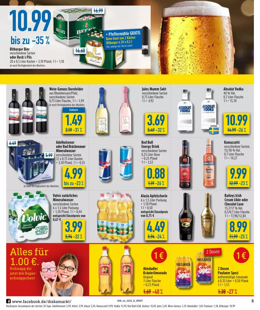 Aktueller Prospekt Diska - Prospekte - von 14.11 bis 19.11.2022 - strona 8 - produkty: Absolut Vodka, adelholzener, almdudler, Alwa, apfel, Apfelschorle, auer, Bad, baileys, bett, bier, bitburger, burger, cola, dornfelder, drink, eis, energy drink, flasche, gin, Holz, jules mumm, kräuter, likör, limo, limonade, mineralwasser, mumm, nuss, Paula, paulaner, pils, rama, ramazzott, ramazzotti, red bull, reis, schorle, sekt, Spezi, Ti, vodka, volvic, volvic natürliches, wasser, wein, zott, ZTE